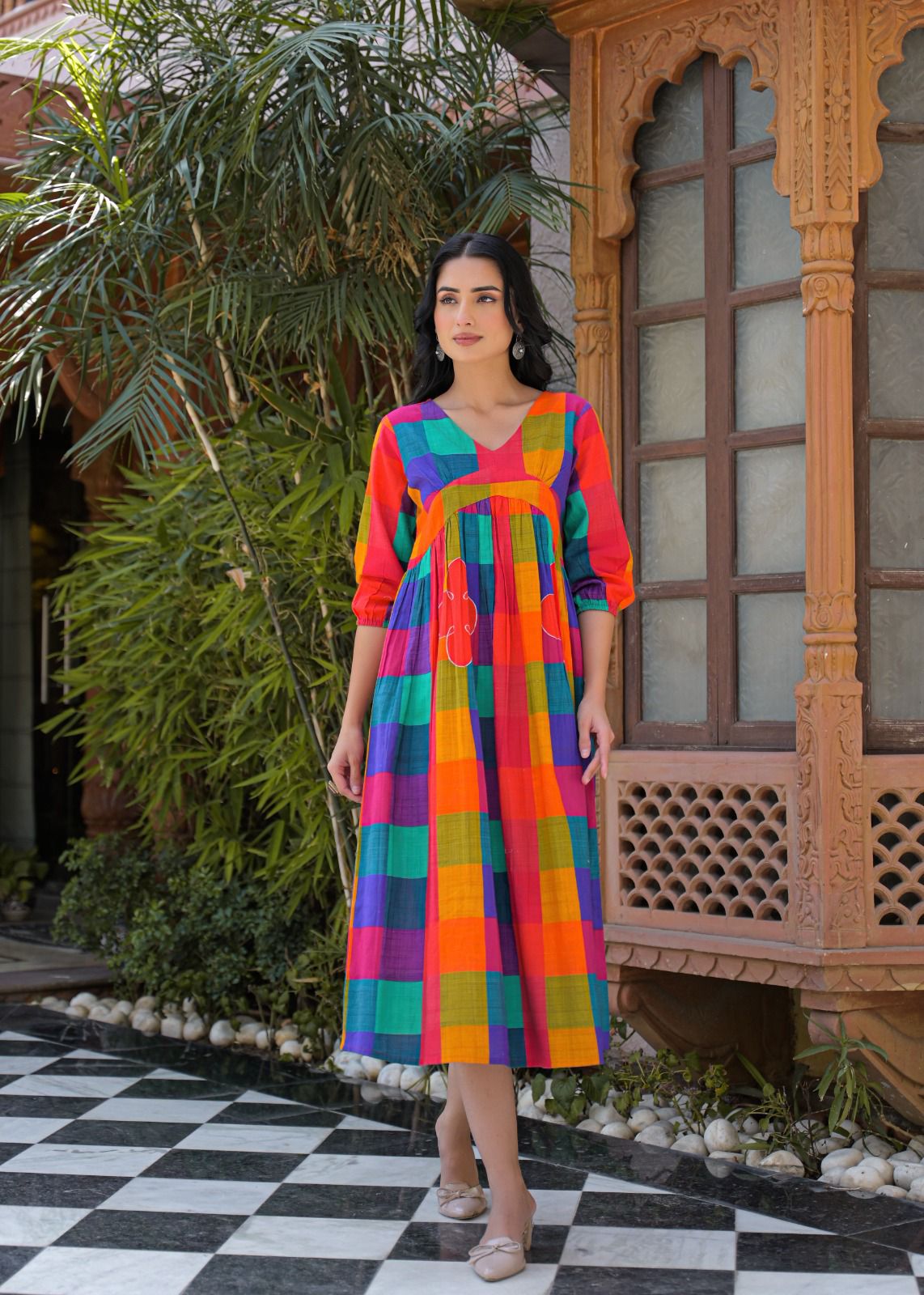 Colour full stylish slub cotton one piece dress (B933)