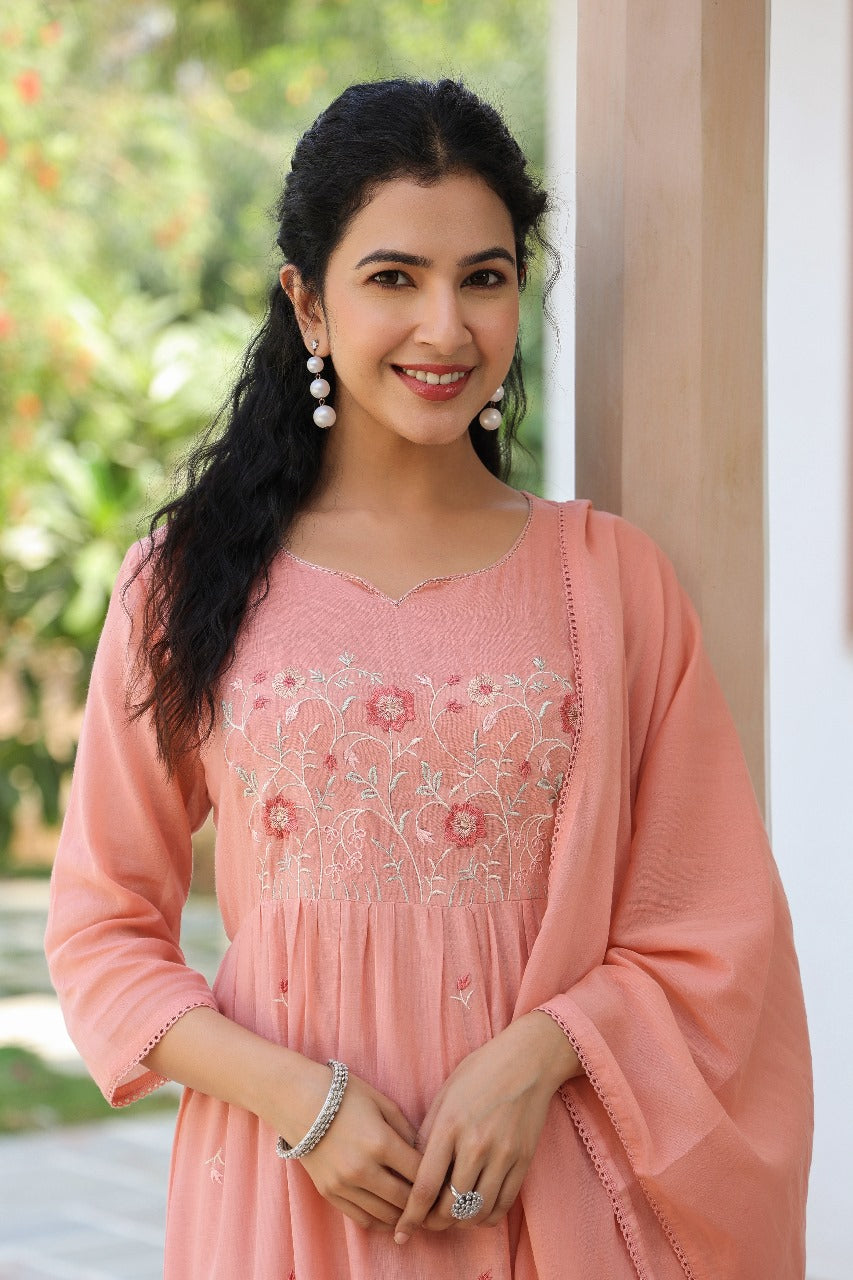 Peach pure mul cotton with full thread embroidery one piece gown with dupatta (P2007)