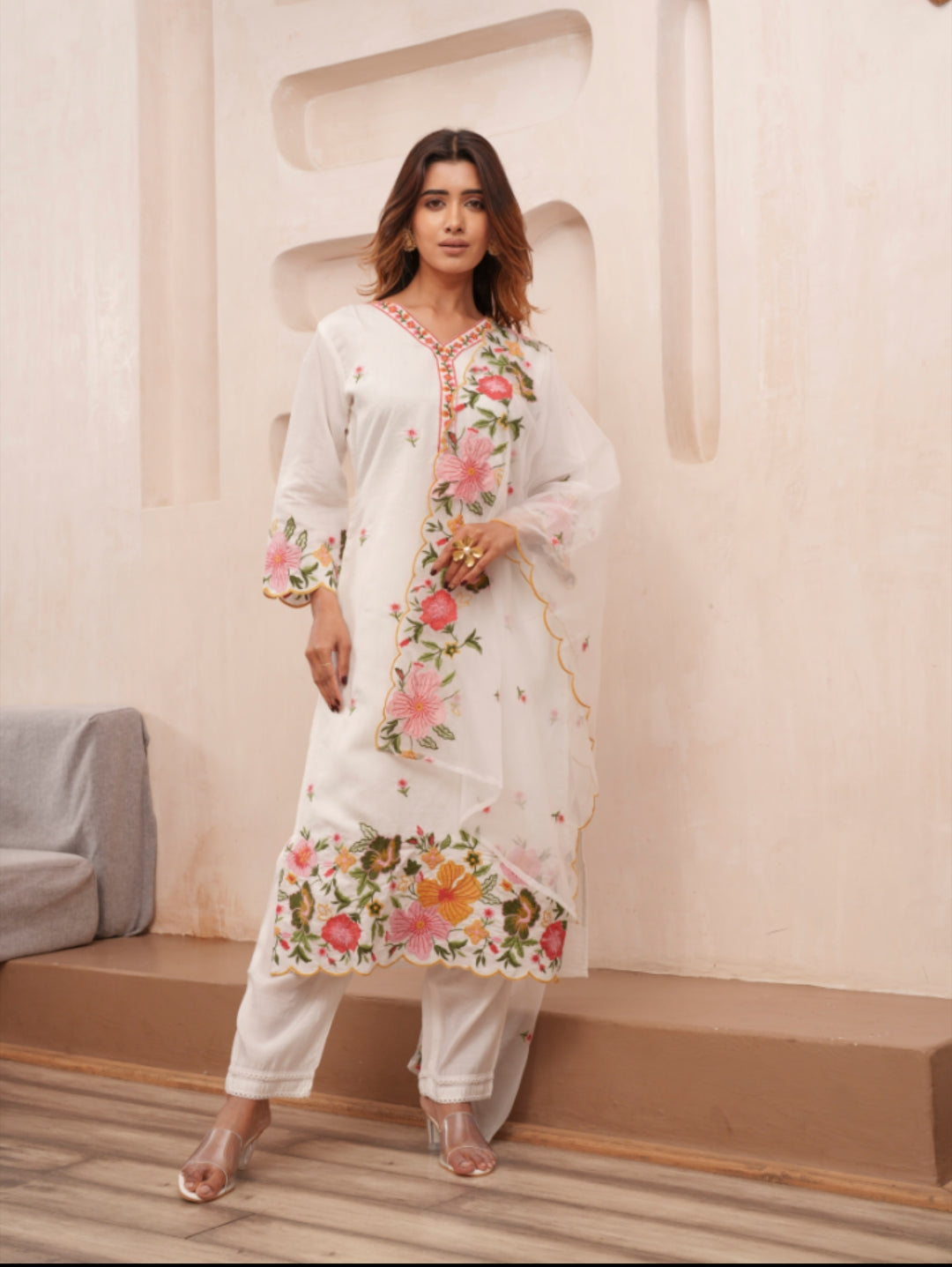 White pure muslin fully embroidered three piece set (P1933)