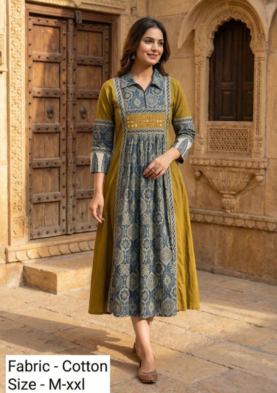 Handloom cotton A line with real mirror smart one piece dress (B706) - 38 Handloom cotton A line with real mirror smart one piece dress (B706) - 38