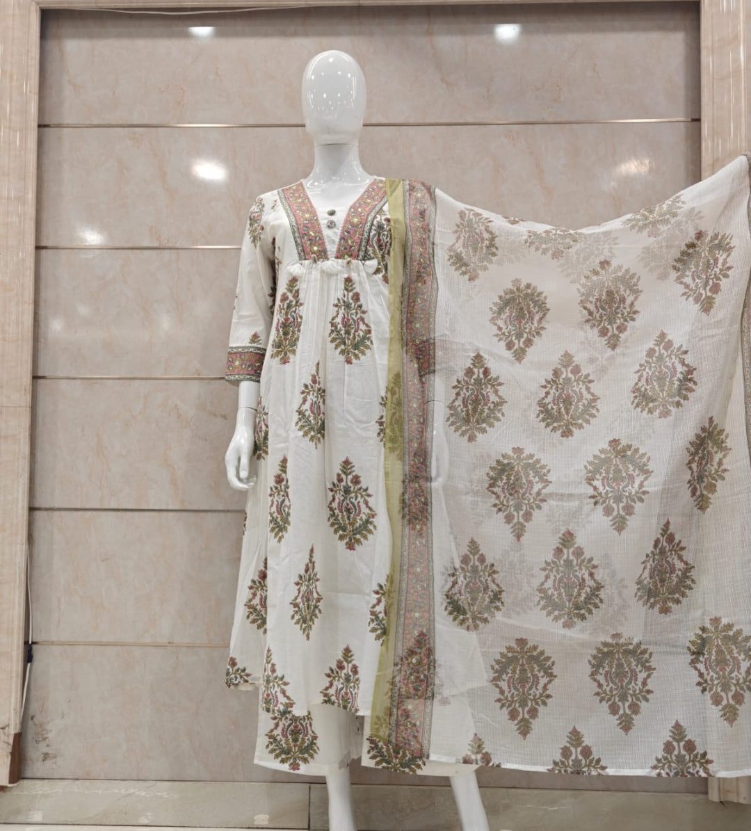 Pure cotton block print A line pattern with kota dupatta three piece set (B832)