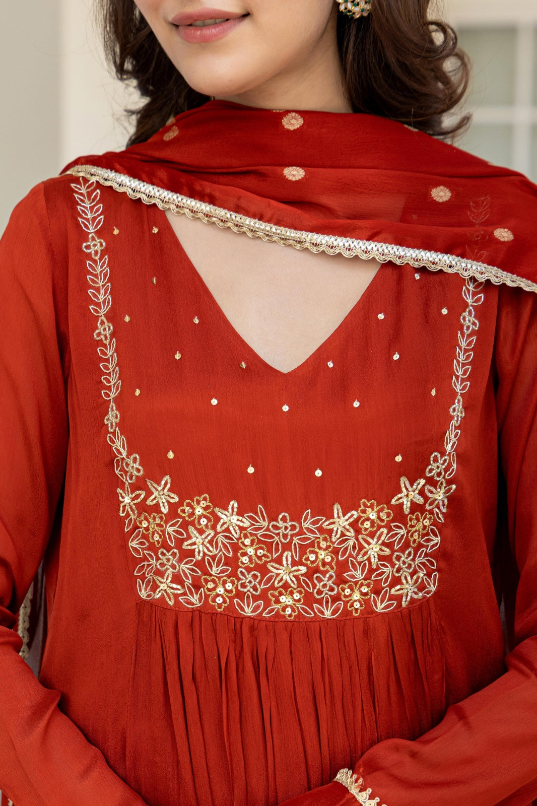 Brunt orange pure chinnon with zari work three piece set (P2054)
