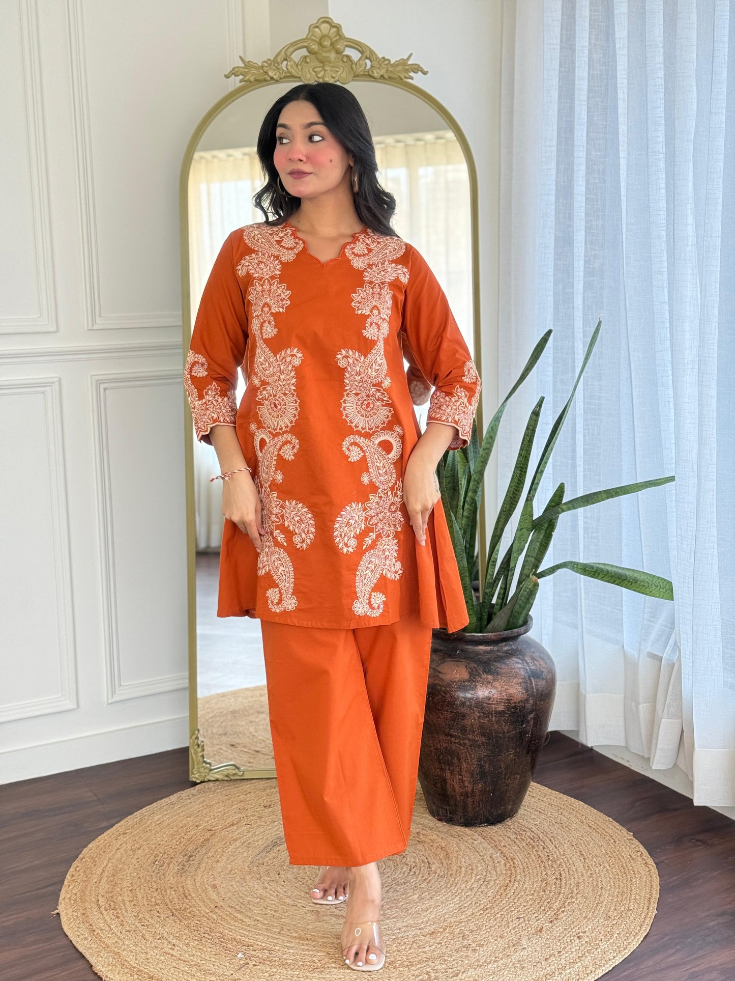 Orange pure cotton fully thread work two piece cordset (P2062)