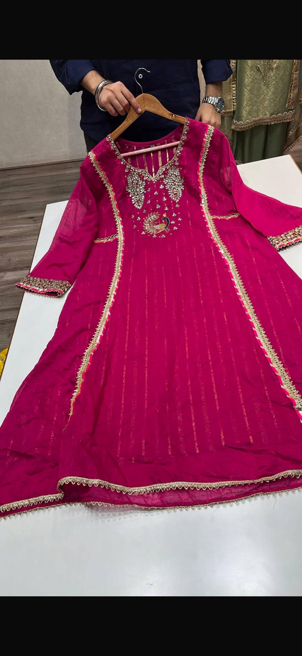 Pure mul chanderi with hand work three piece set (C641)