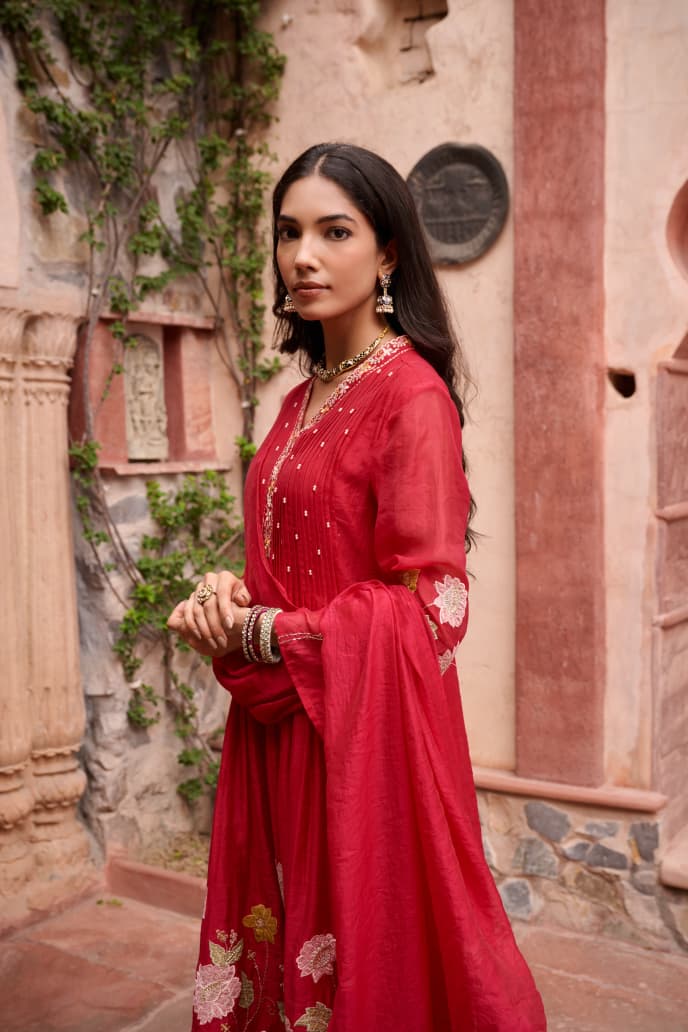 Hot pink mul chanderi with tissue flower three piece set (A815)