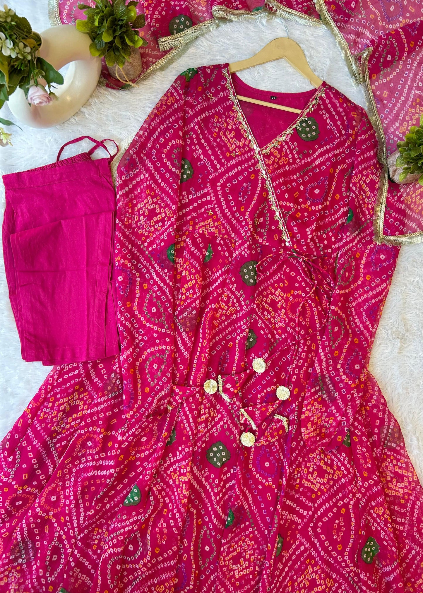 Pink bandani pure chiffon Angrakha pattern three piece set (A1083)