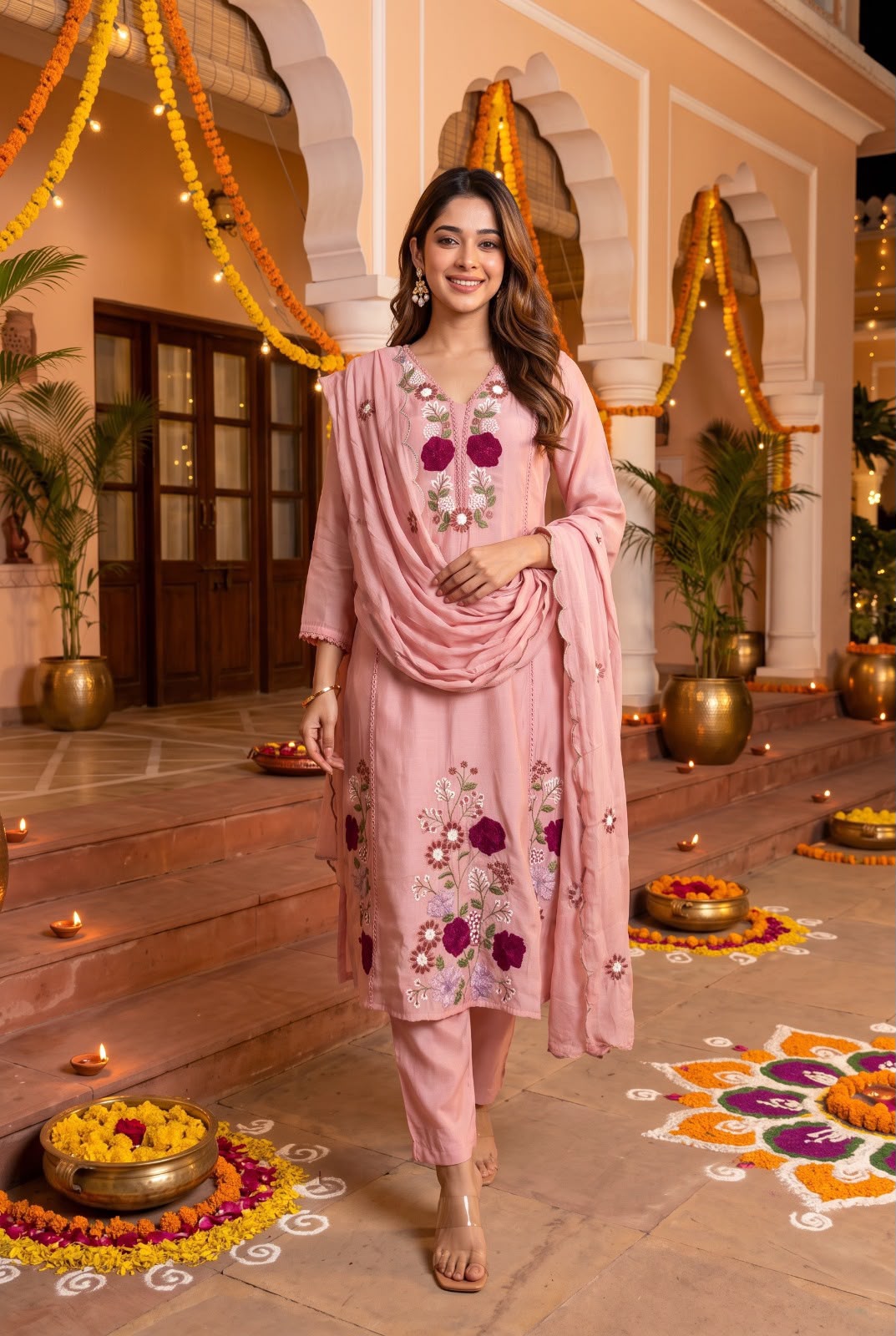 Pure mul chanderi with 3d flowers thread embroidery three piece set (S411)