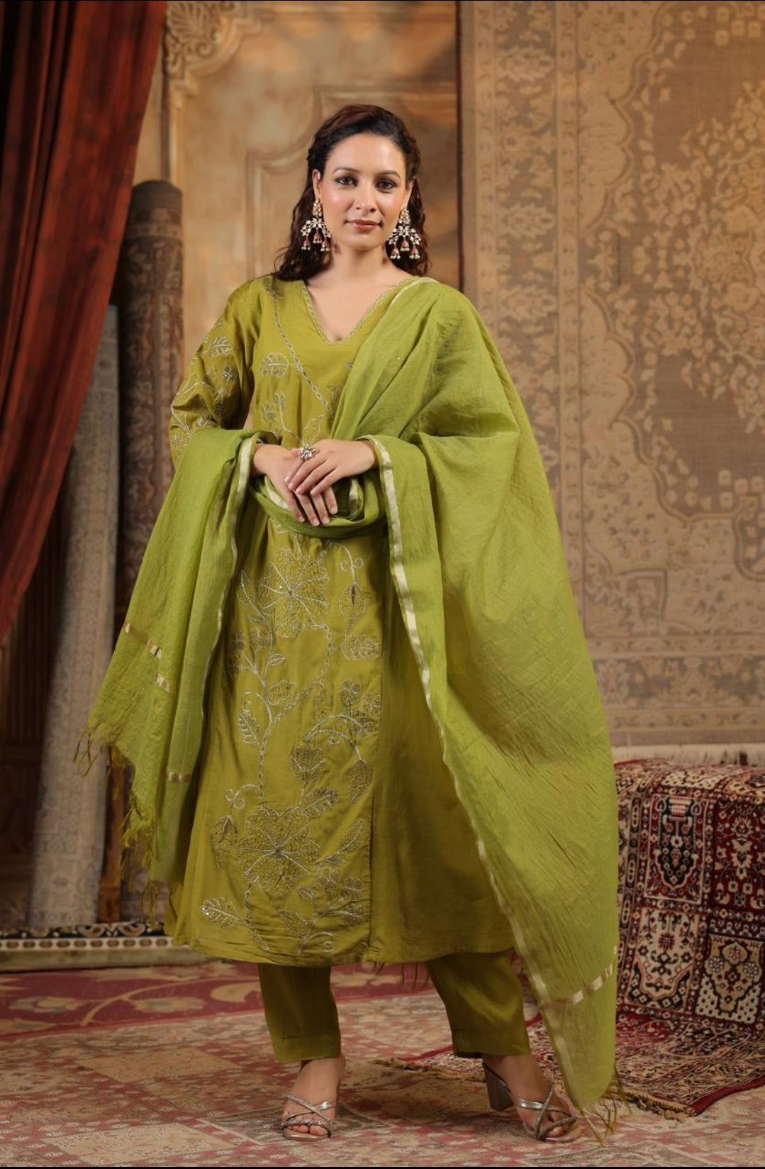 Green mul chanderi three piece set (P1879)