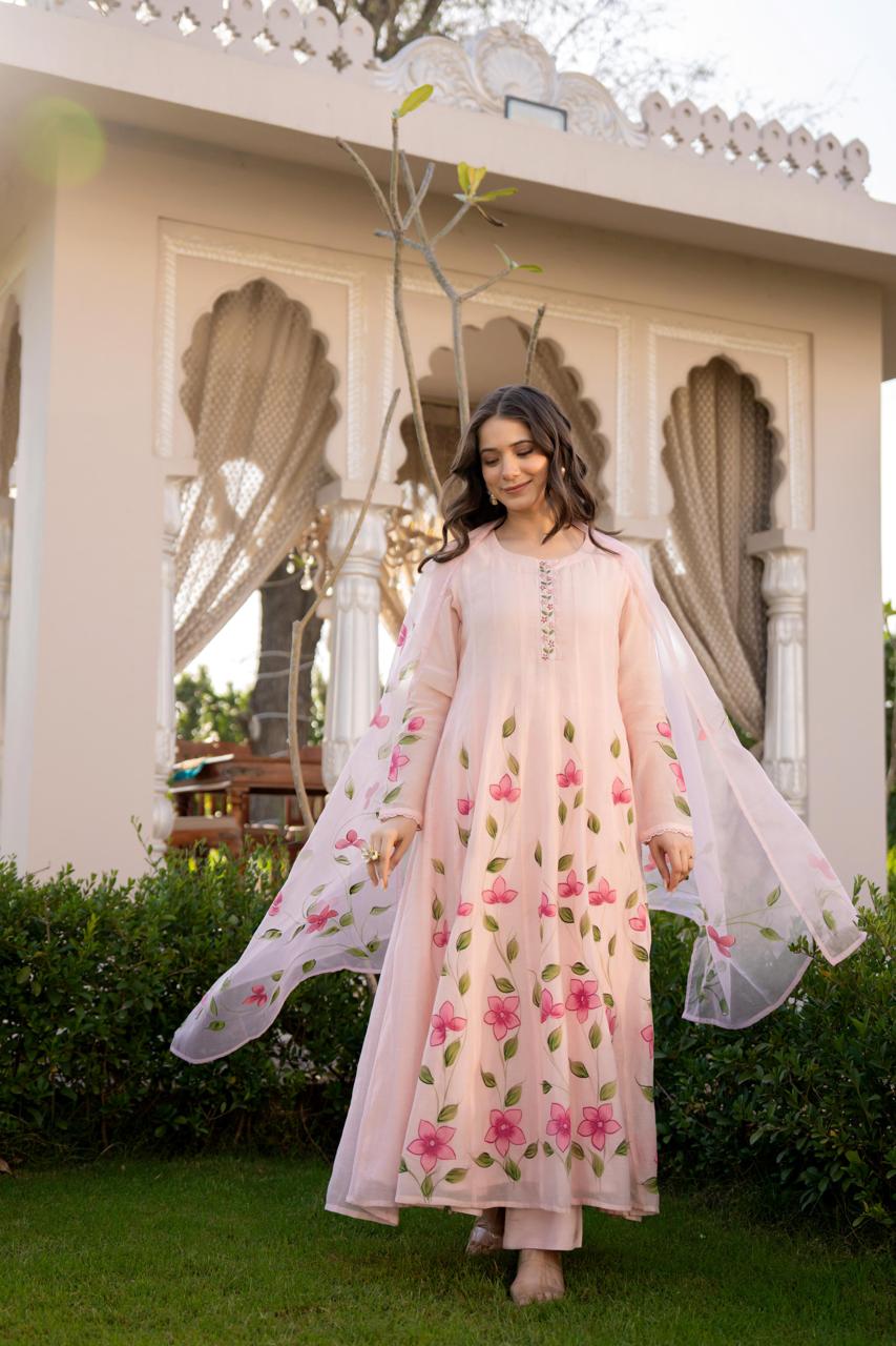 Pink pure mul chanderi flared anarkali with full brush paint three piece set (P2111)