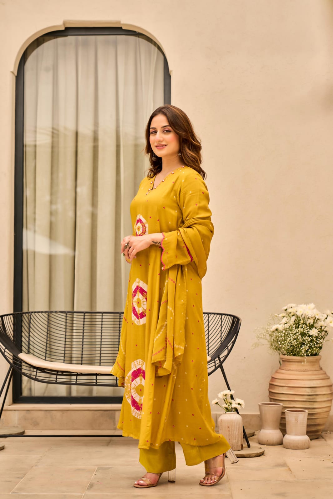 Mustred 🟡 pure silk Designer three piece set (A505)
