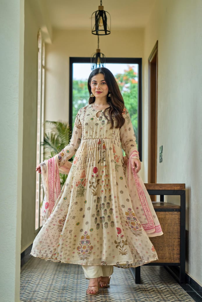 Off white oraganza with banarasi buti designer three piece set (A408)