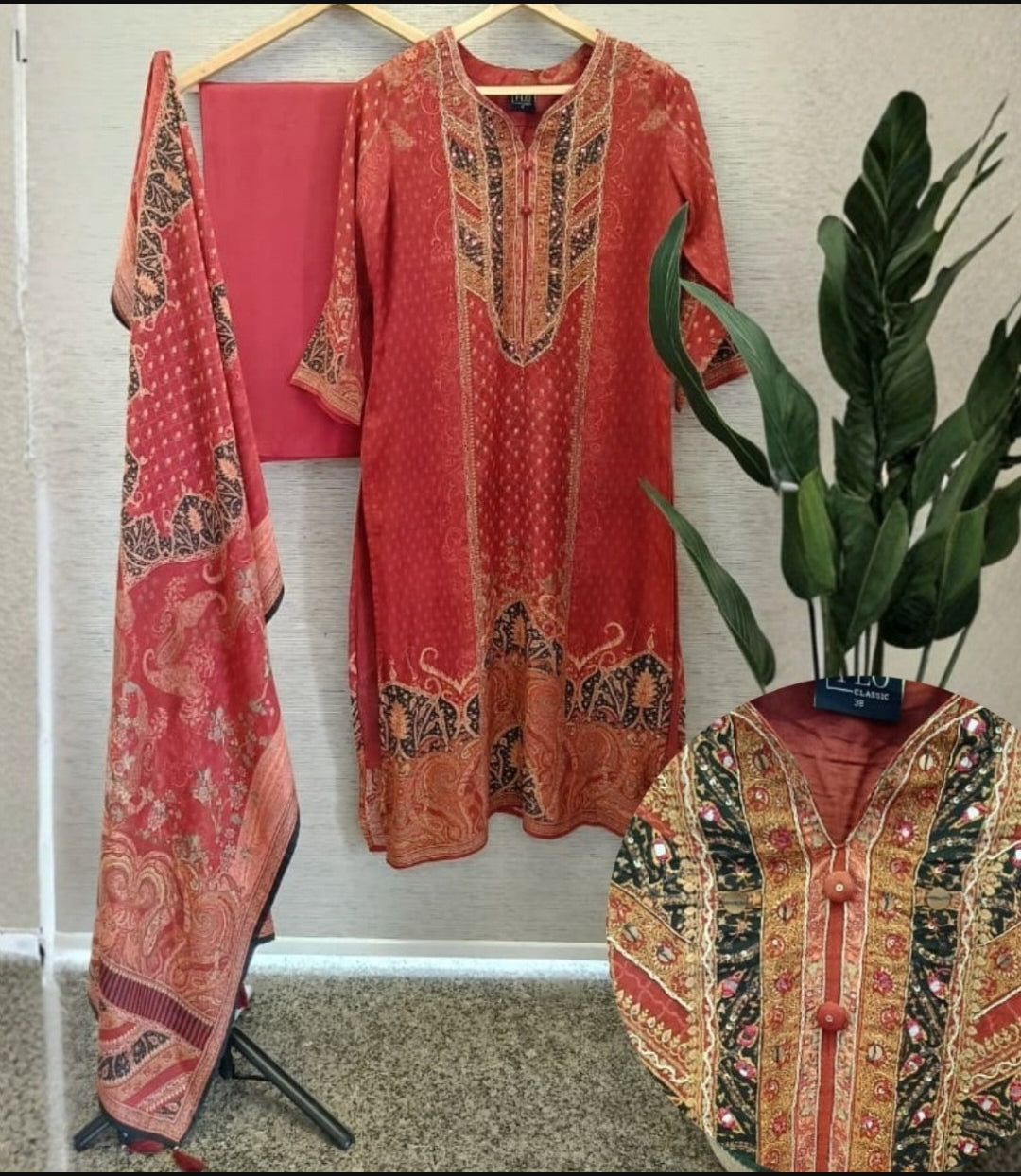Pure silk with detailing work on neck placement print three piece set (A1249)