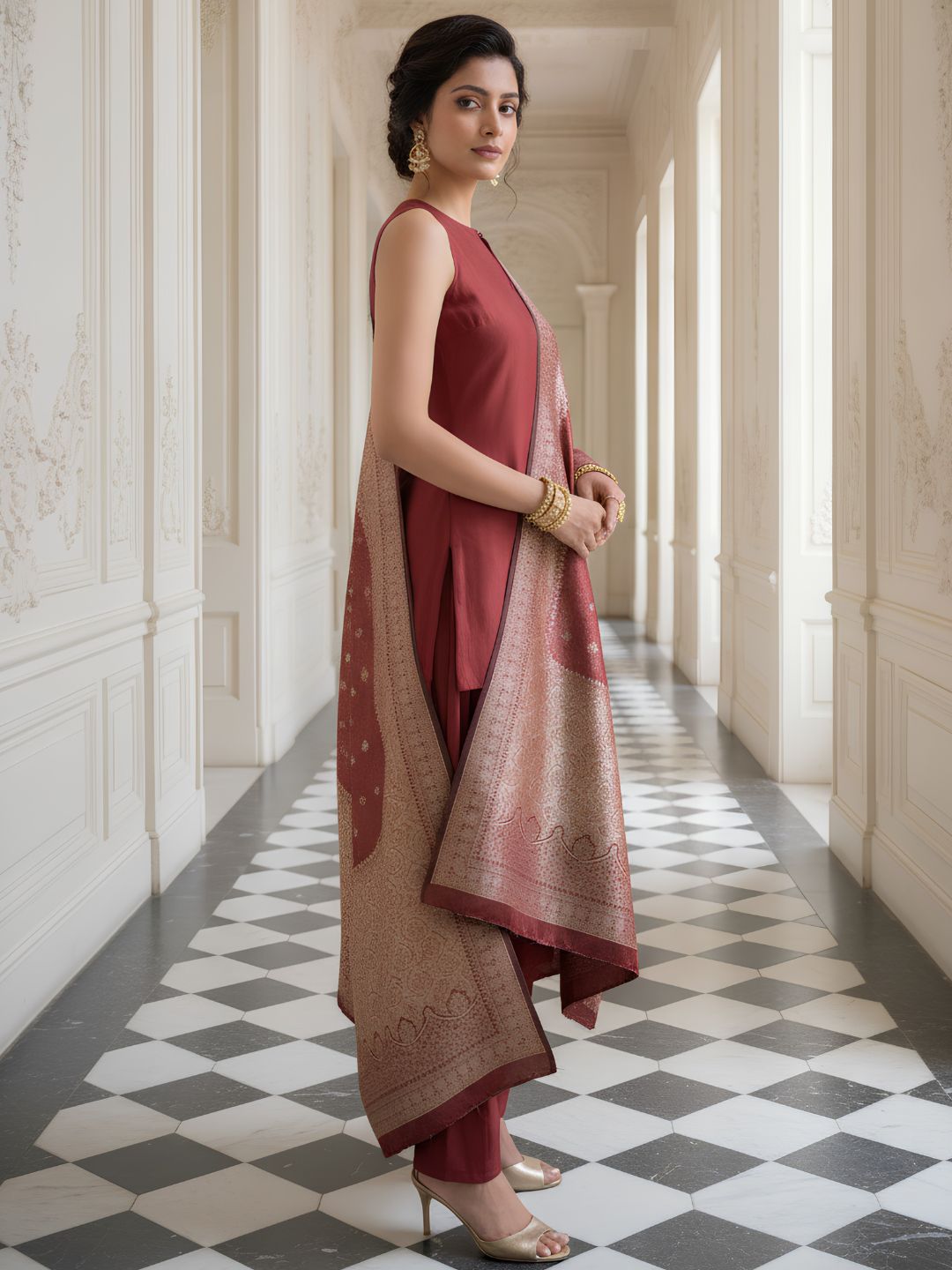 Muslin with banarasi dupatta and paired with farshi salwar three piece set (C669) (optional sleeve)