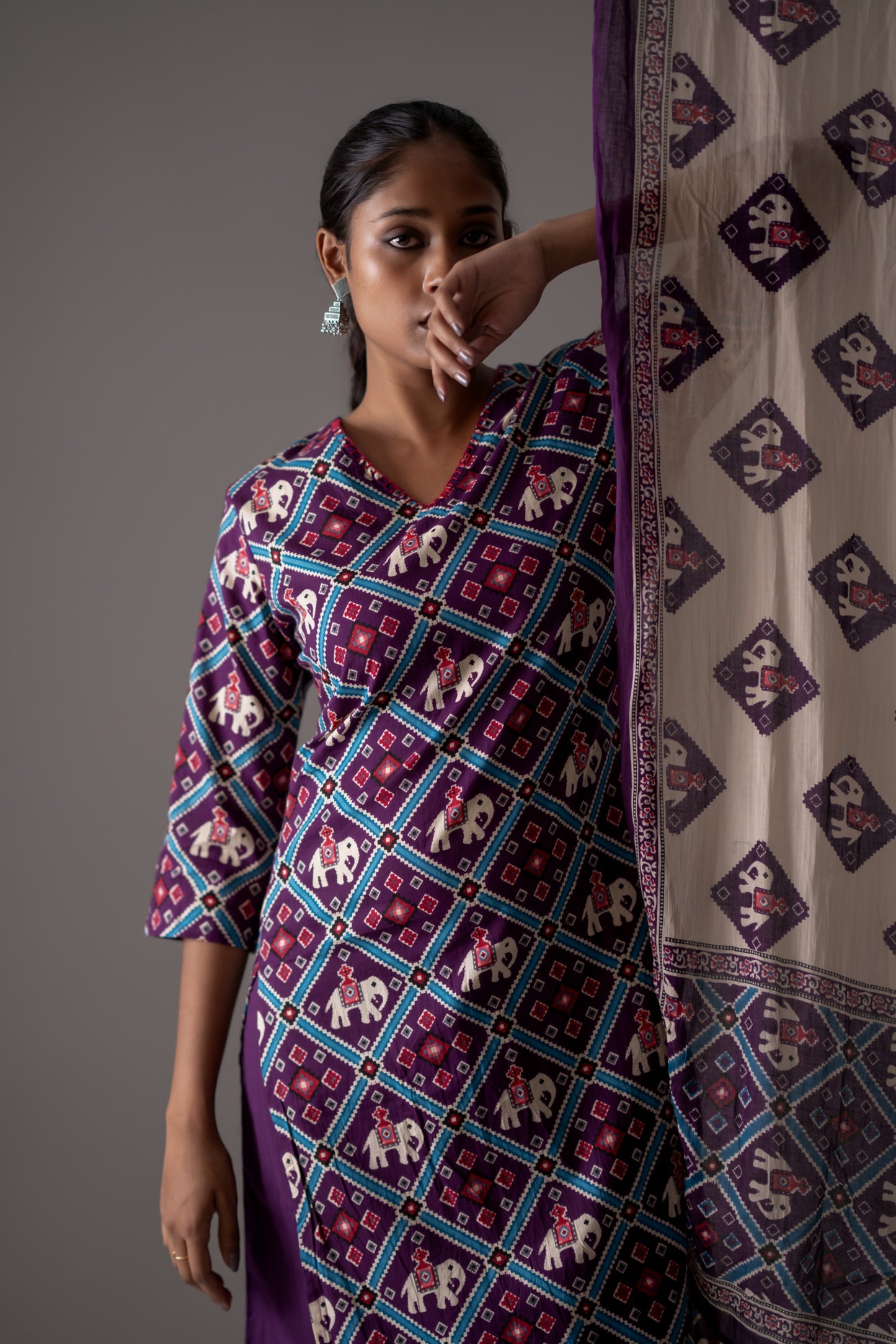 Purple patola pure cotton three piece set (A435)