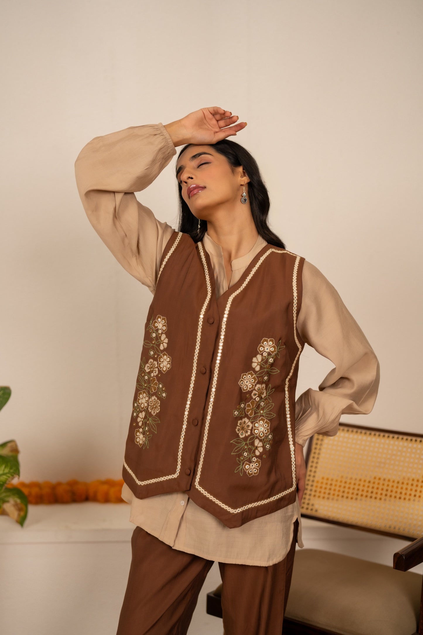 Brown with ivory pure muslin with thread work three piece cordset (A1325)