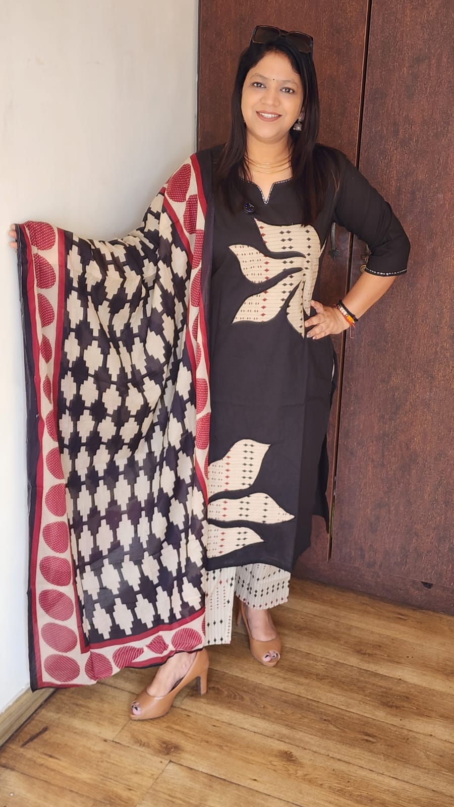 Black pure cotton applique work three piece set (A1833)