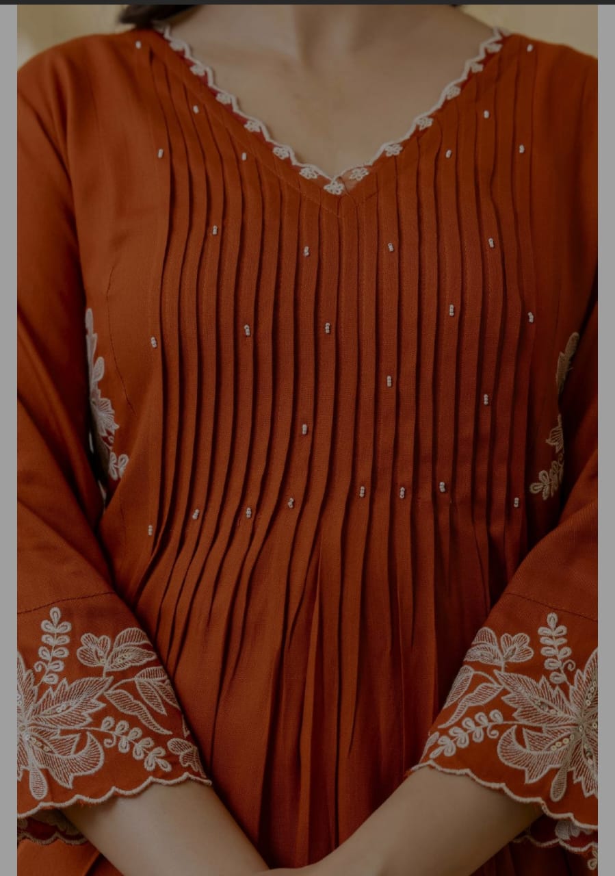 Bright orange thread work heavy cotton rayon three set(P2071)