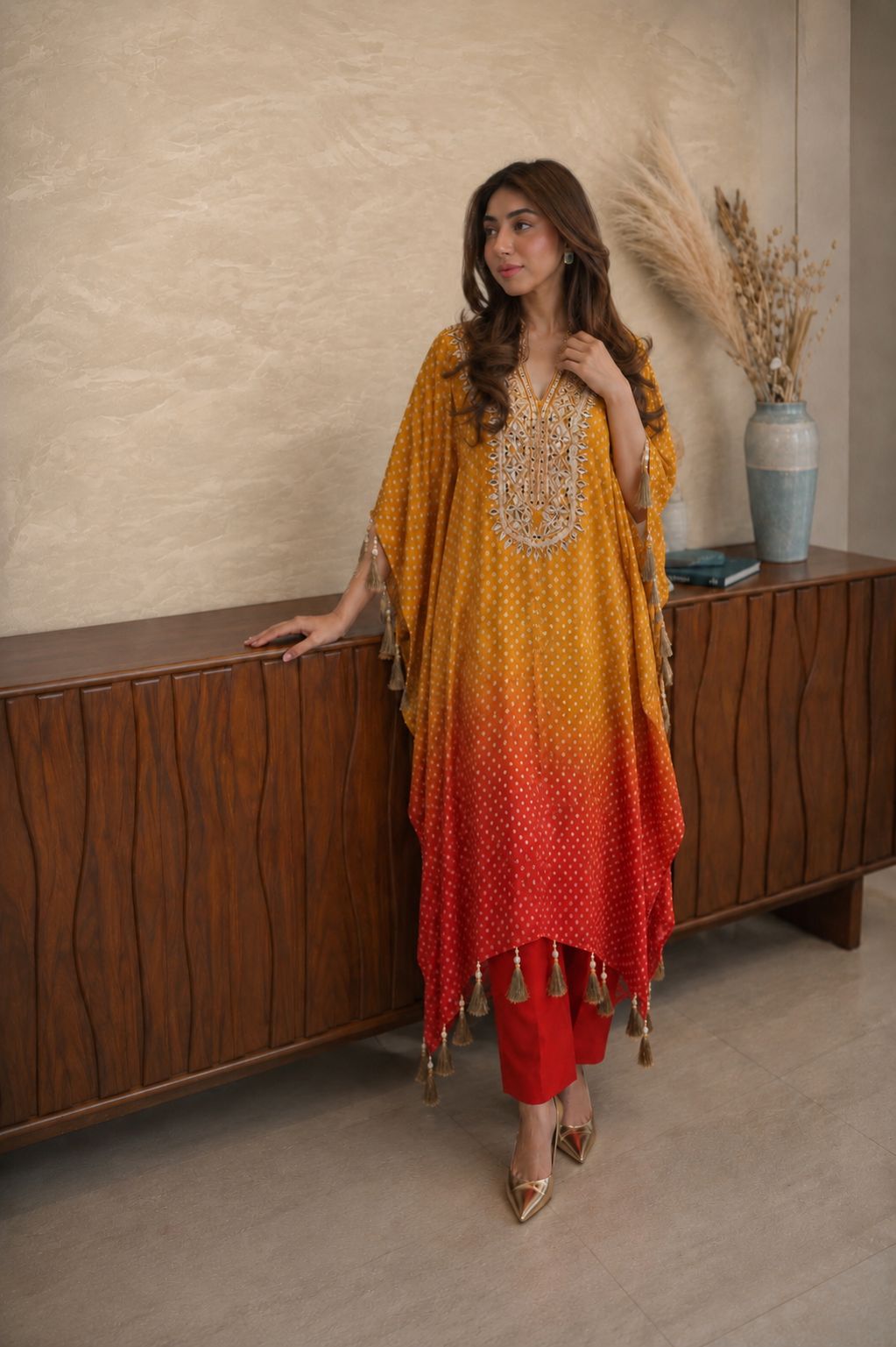 Pure crape bandani print gotta pati work kaftan set (B915)
