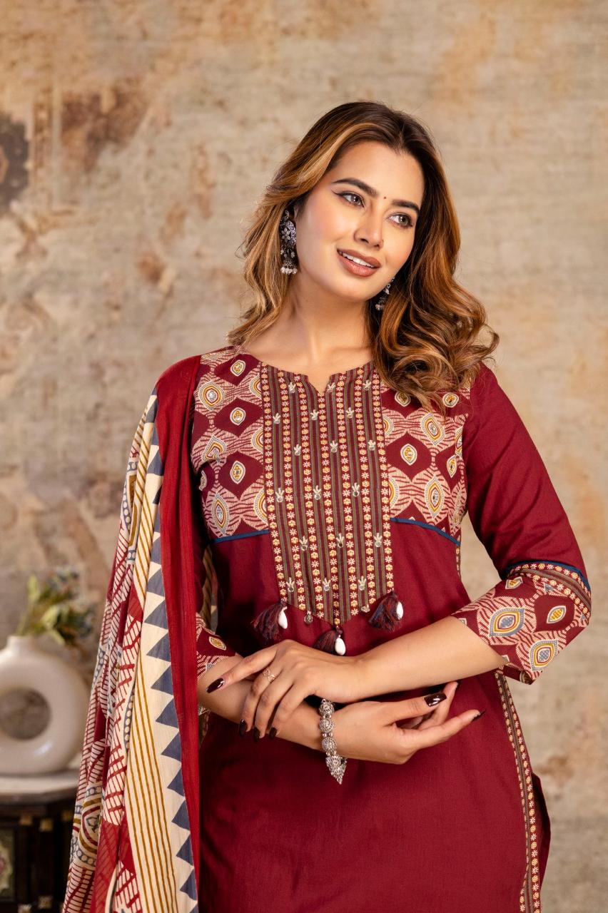 Mahroon pure cotton three piece set (P2074)