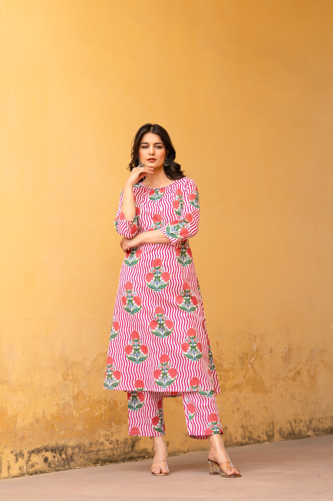 Pink tropical print pure cotton two piece set (P2101)