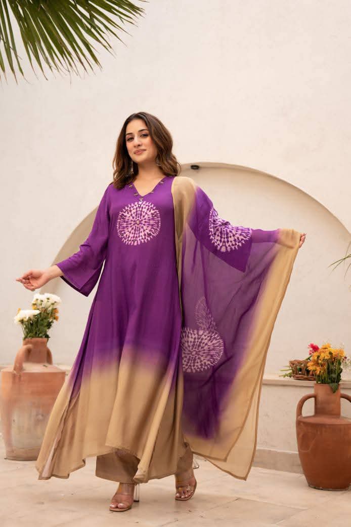 Purple Pure mul silk shaded suit with real mirror work (A426)