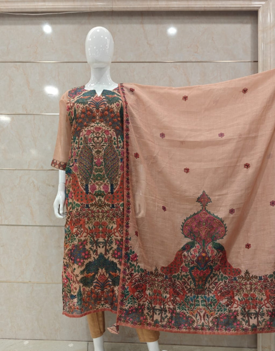 Cotton chanderi with full gitten work three piece set (B732)