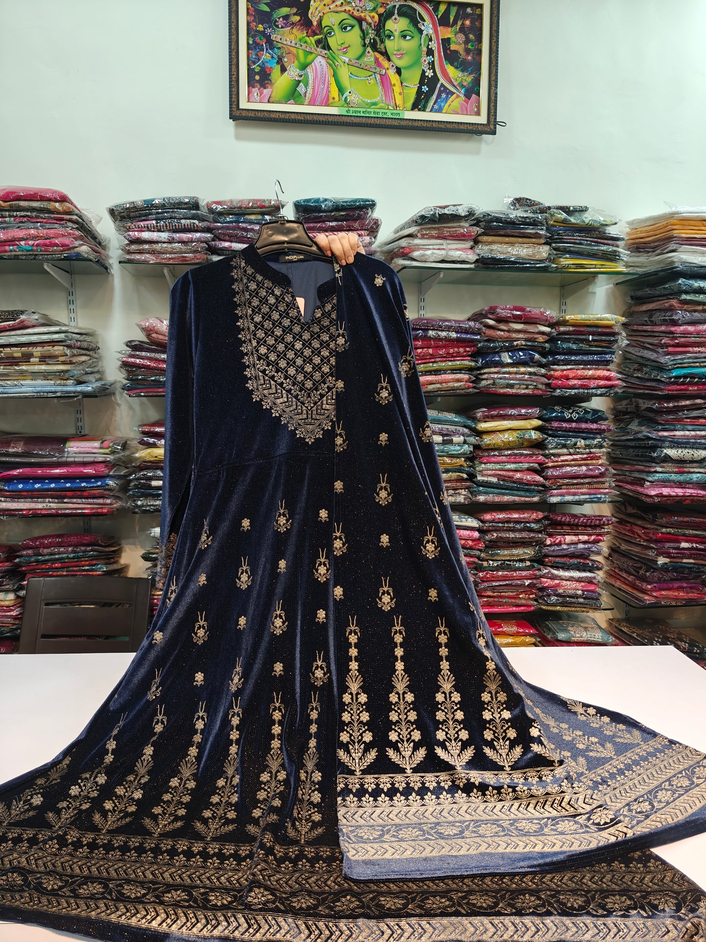 Blue velvet anarkali three piece set