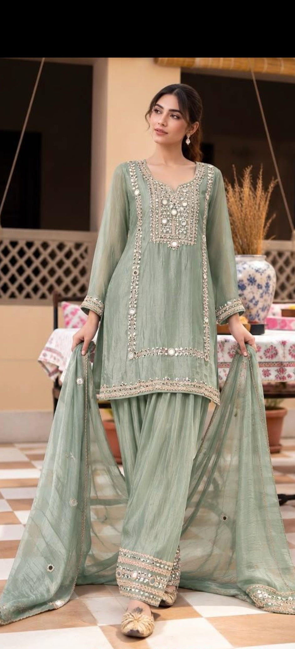 Pure shimmer tissue with real mirror work paired with farshi salwar and lining three piece set (S418)