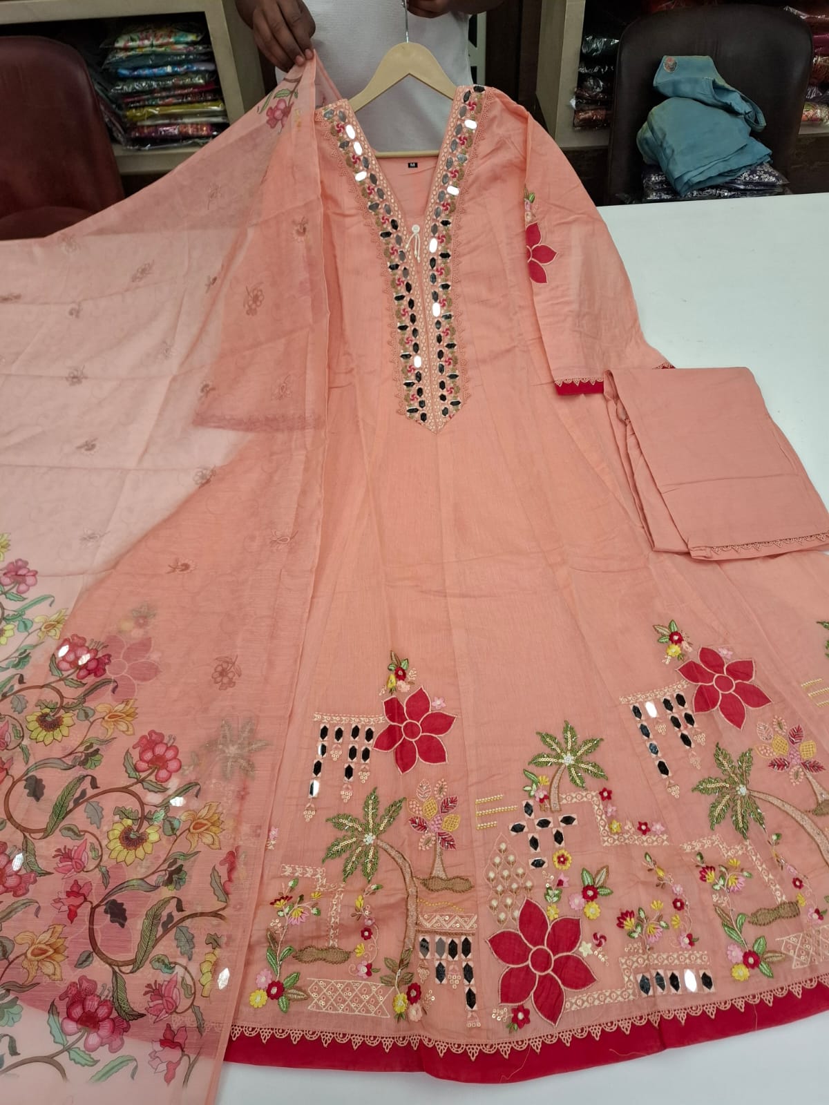 Pure mul chanderi with real mirror and full embroidered three piece set (B241)