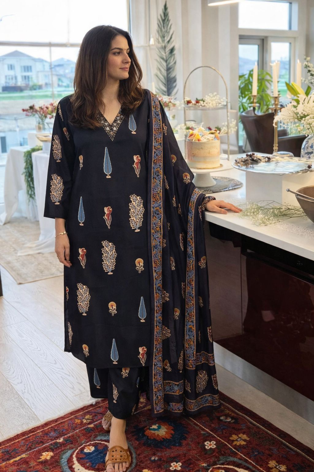 Pure cotton mugal print with real mirror work three piece set (B385)