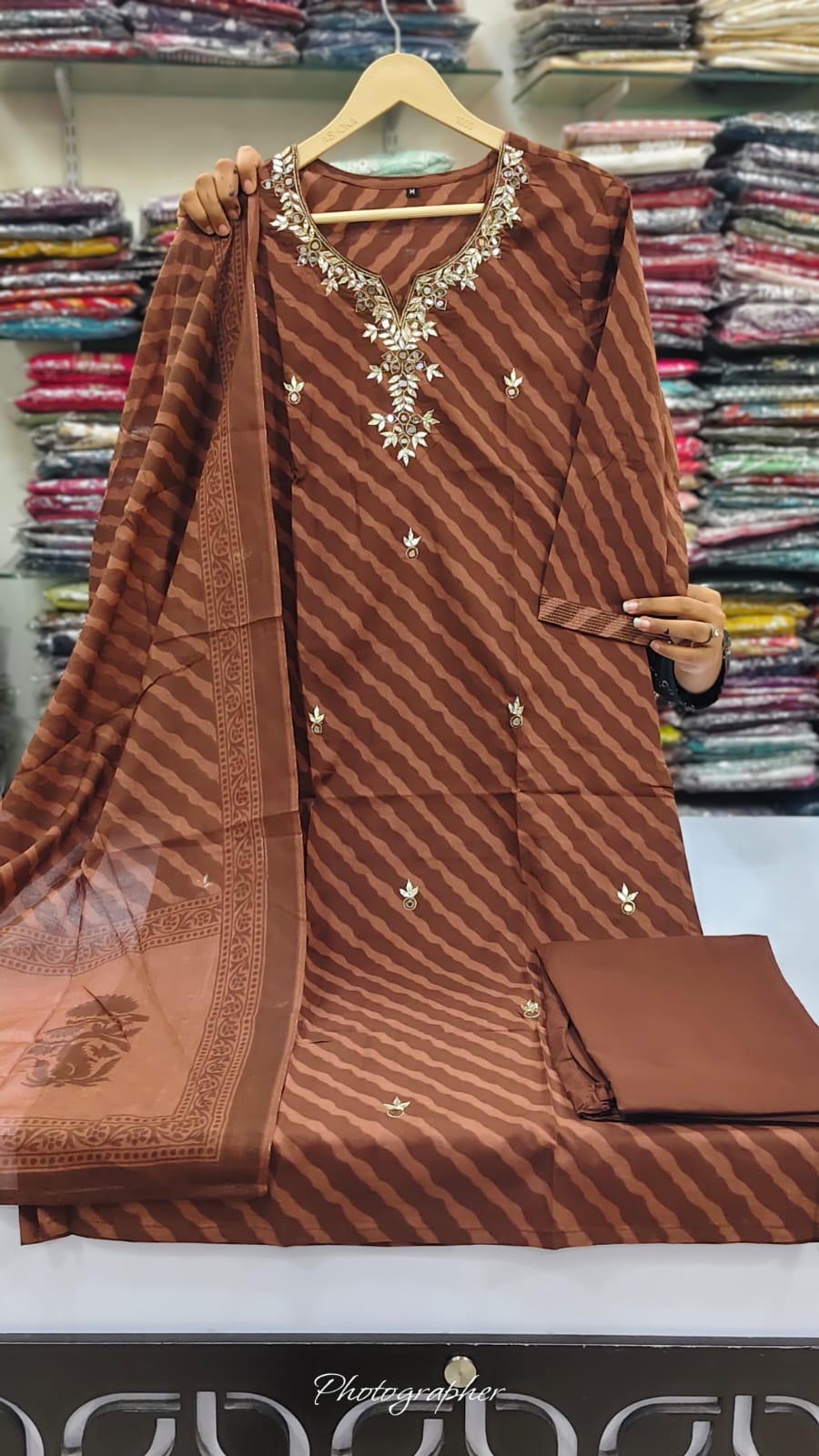 Brown lehriya pure cotton three piece set (C317)