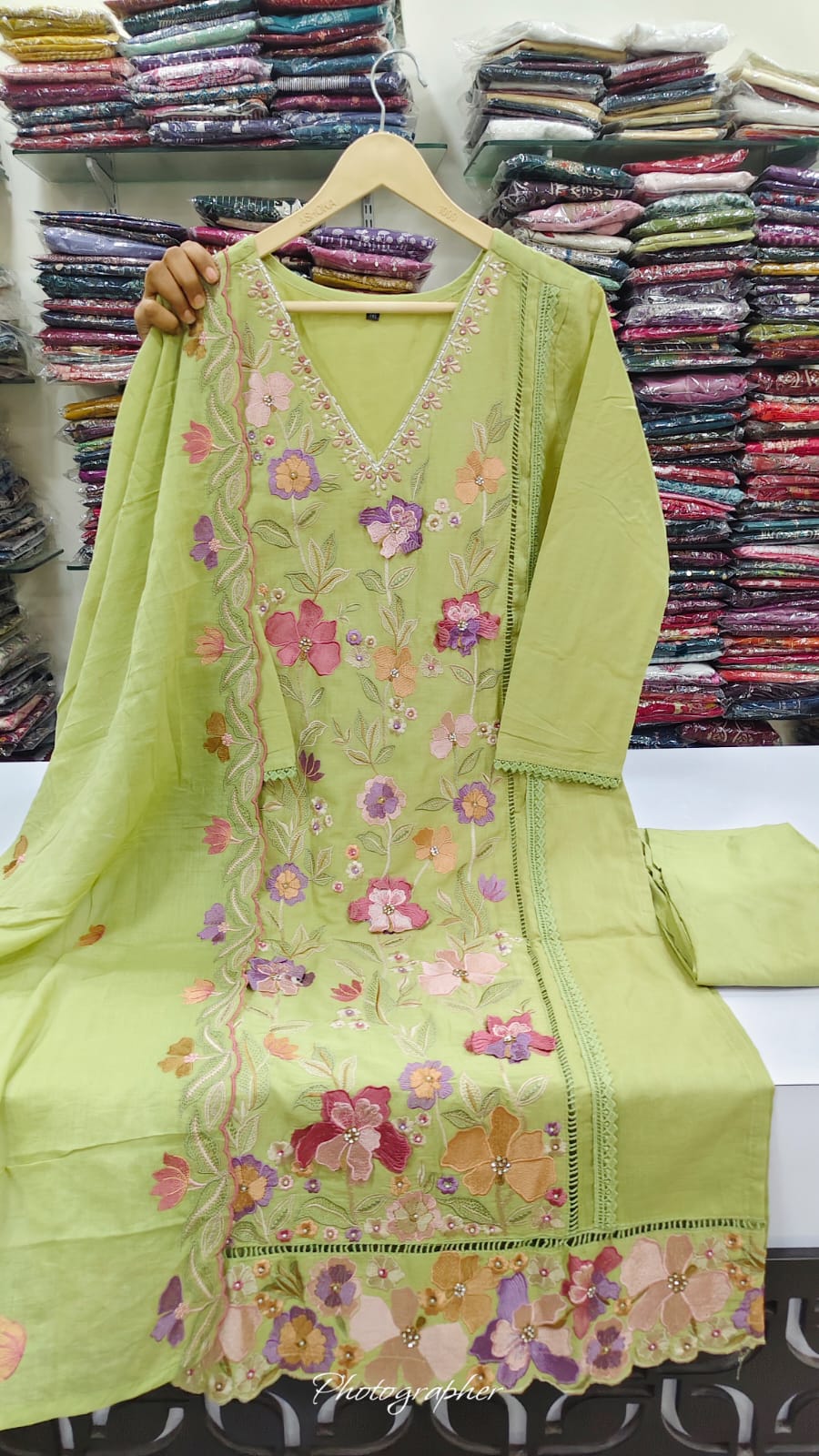Cotton mul chanderi with full thread embroidered flowers three piece set (B1058)