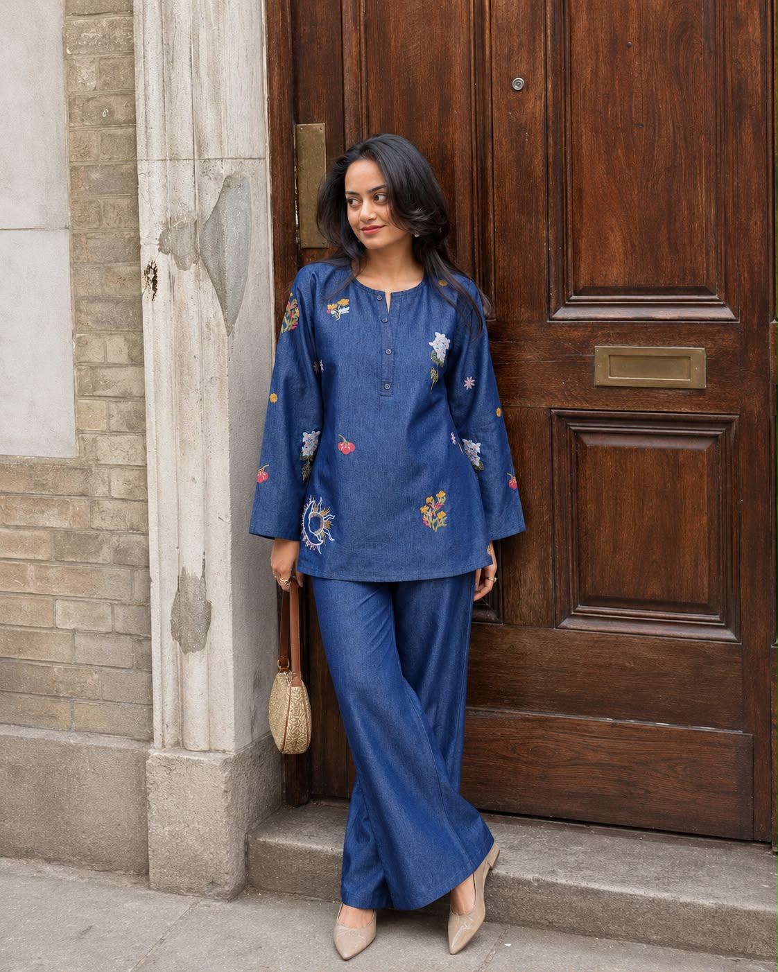 Soft denim pakistani pattern with thread work two piece cordset (S247)