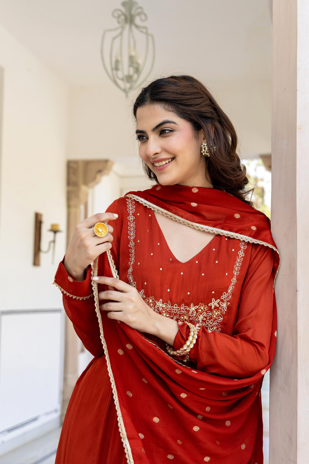 Brunt orange pure chinnon with zari work three piece set (P2054)