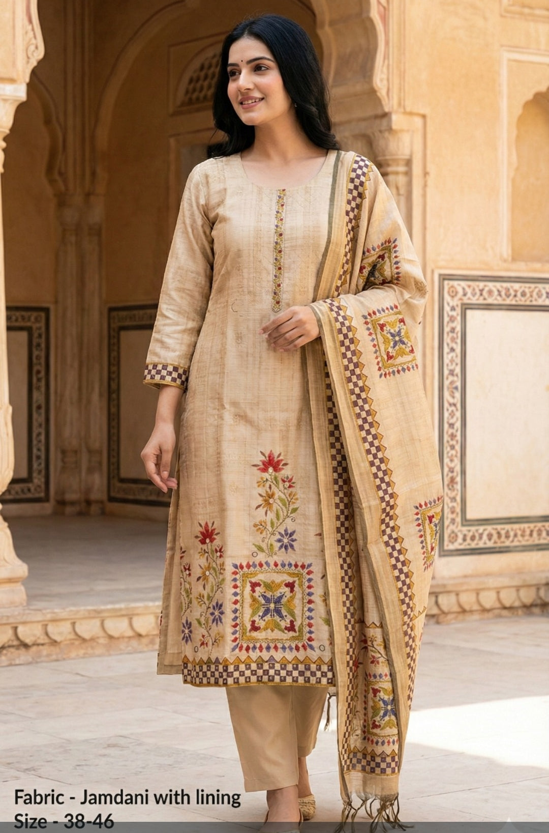 Jamdani with hand work mul cotton lining three piece set (B186)