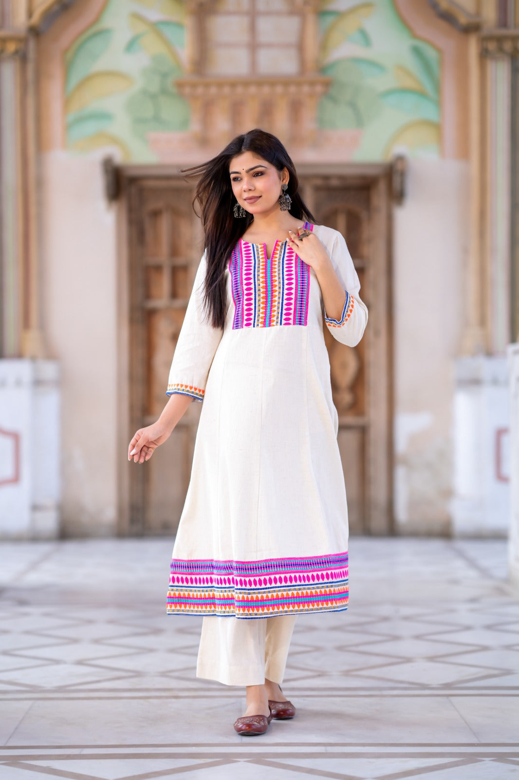Designer off white A line multicolored embroidery two piece cordset (A243)