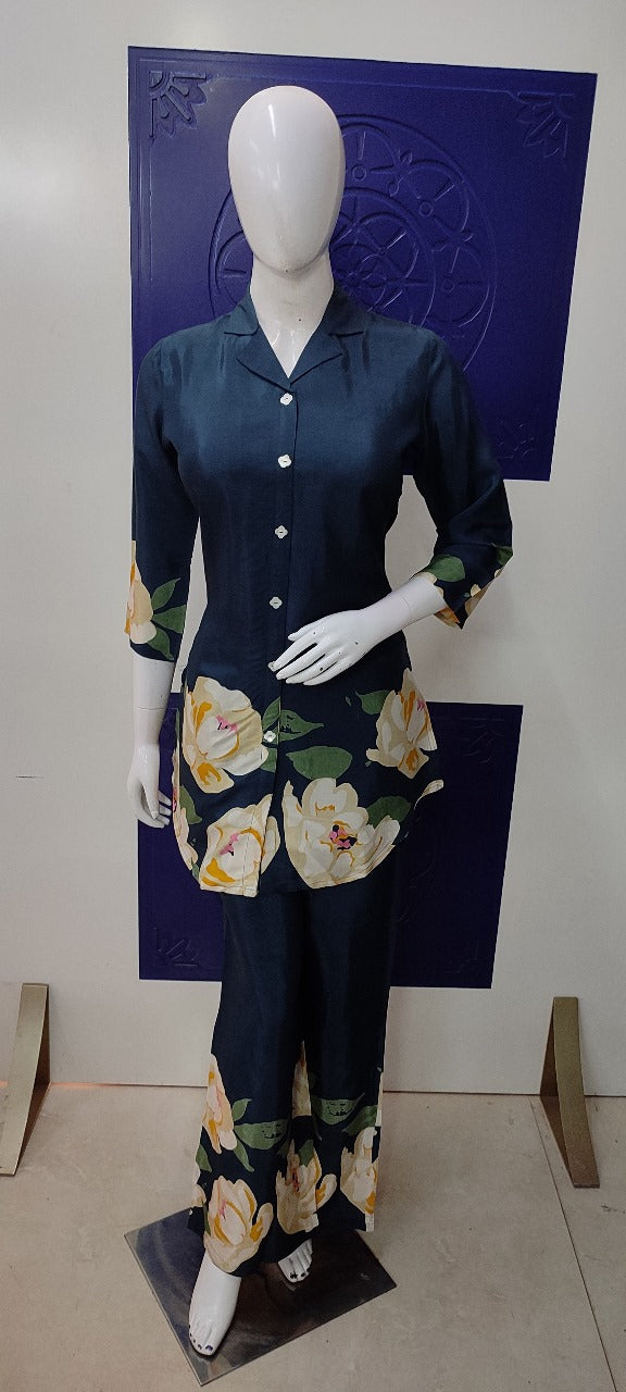 Blue pure muslin digital print smart two piece cordset (P2086)
