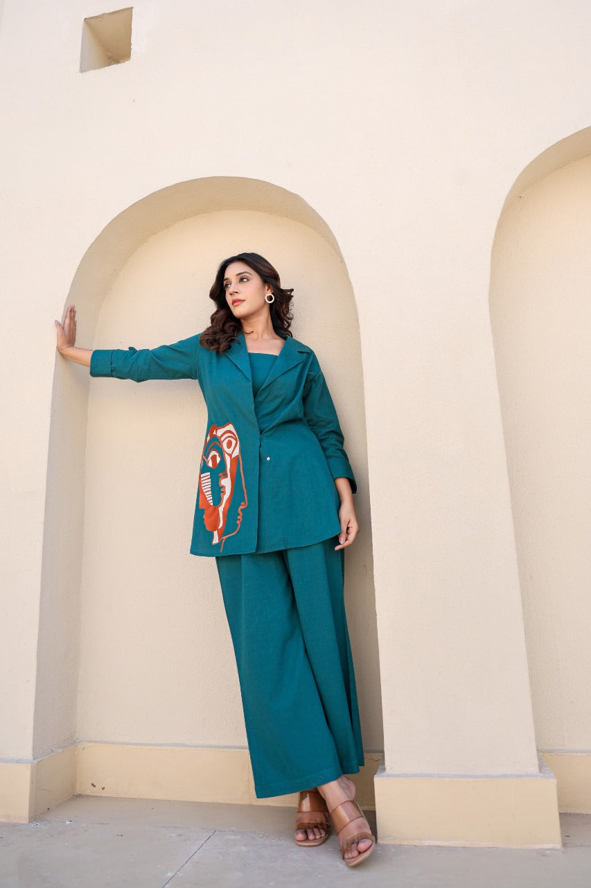 Rama blue designer pure linen three piece cordset (P2091)