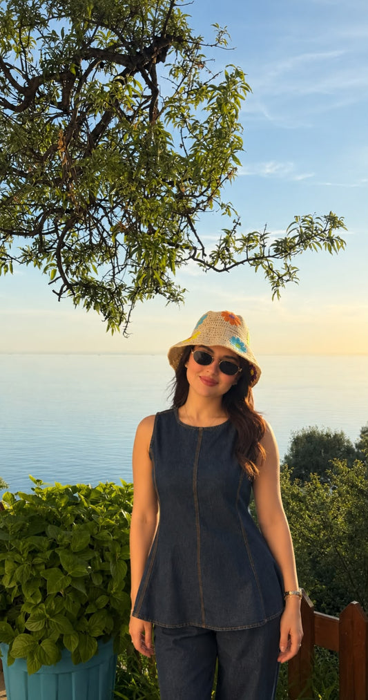 Soft denim with crochet hat smart two piece cordset (S186)