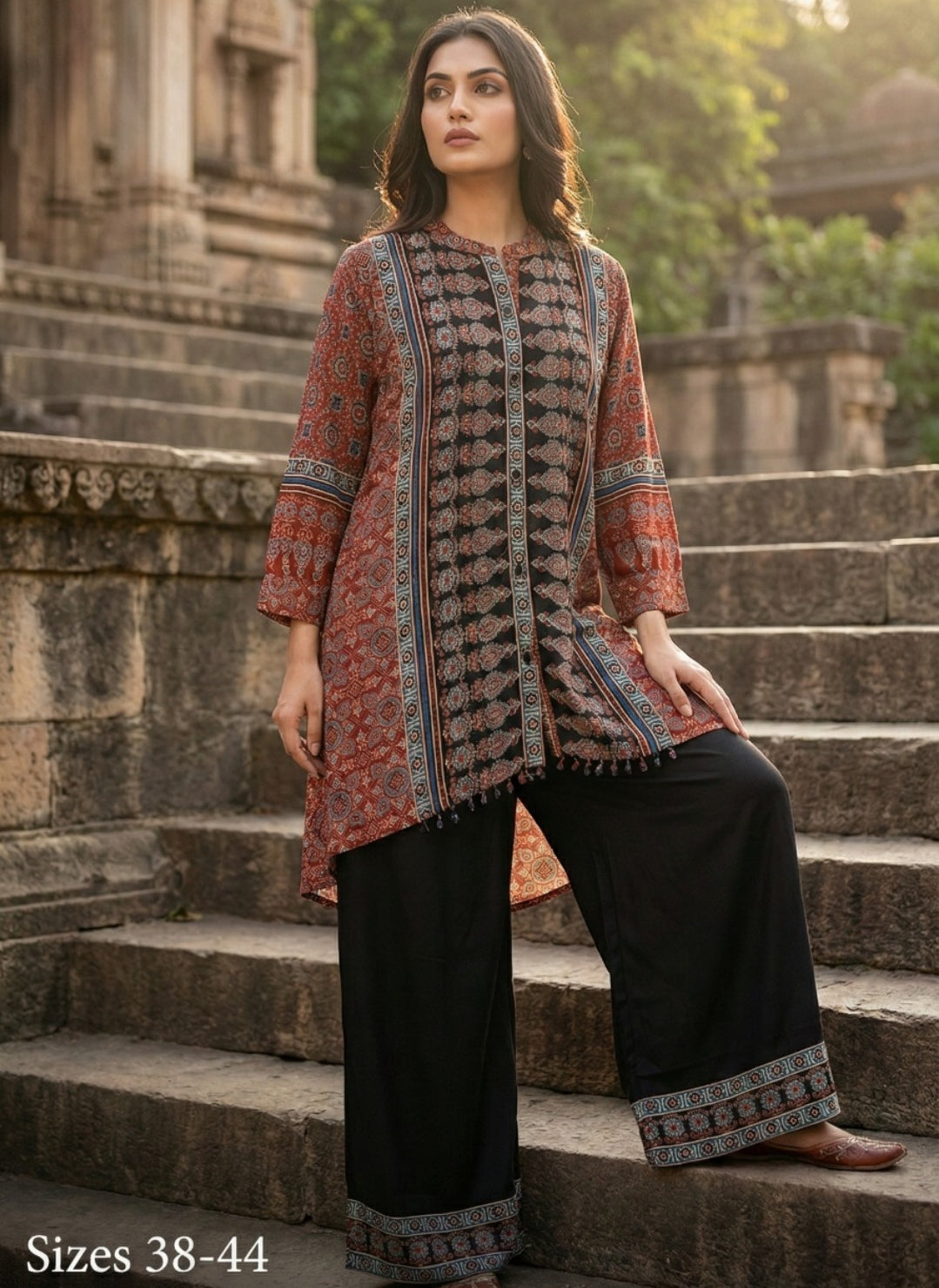 Natural crape pure ajrak print smart two piece cordset (C219)