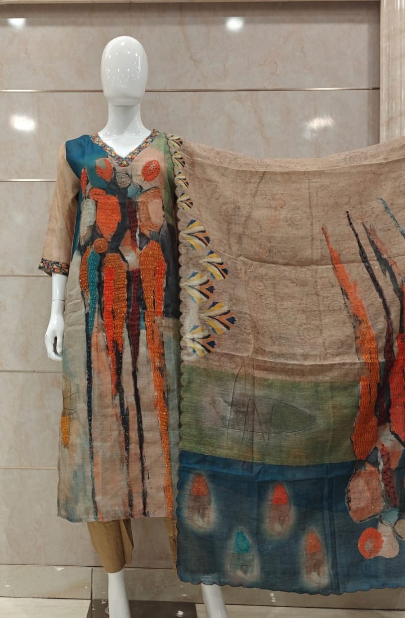 Chanderi with full gitten work three piece set (A465)