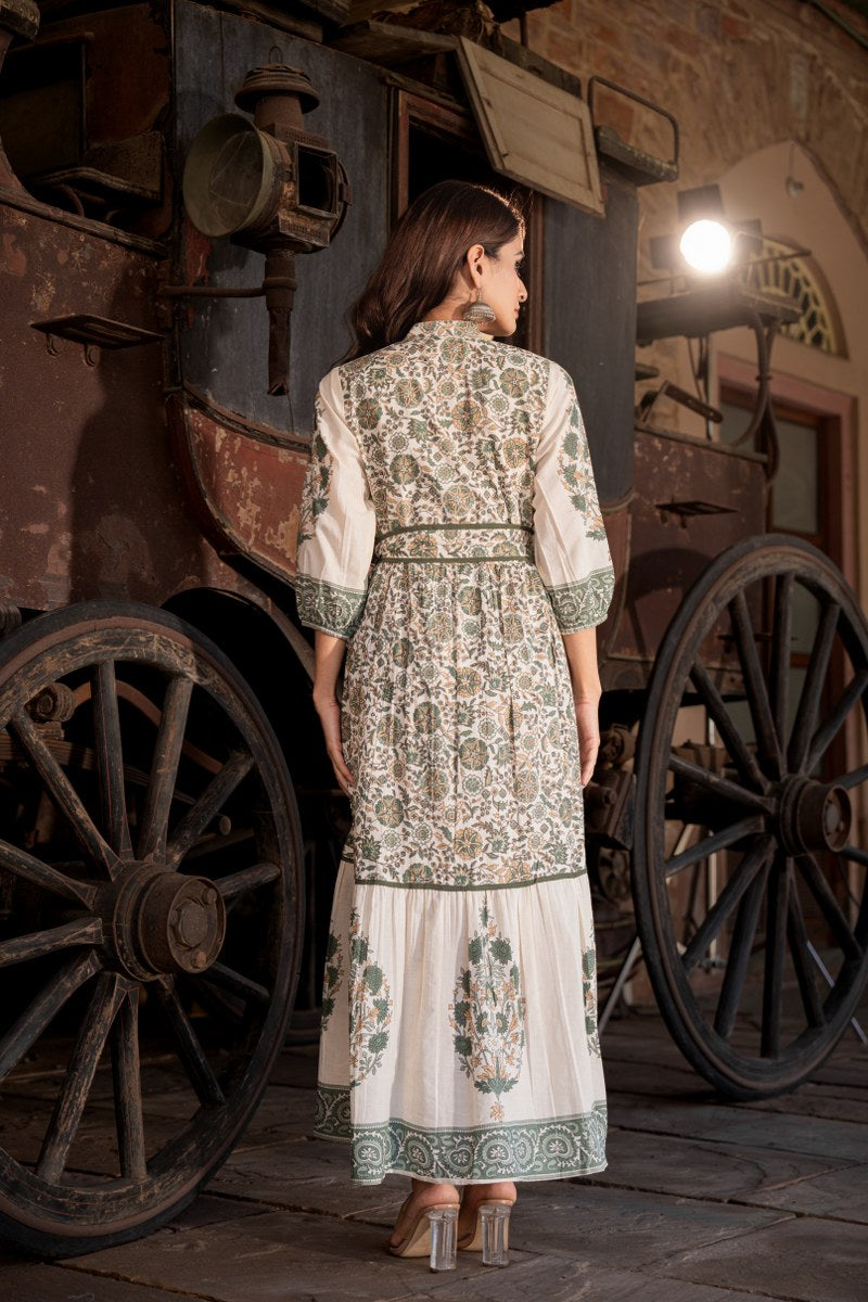 Sea green block print pure cotton with lining one piece dress
