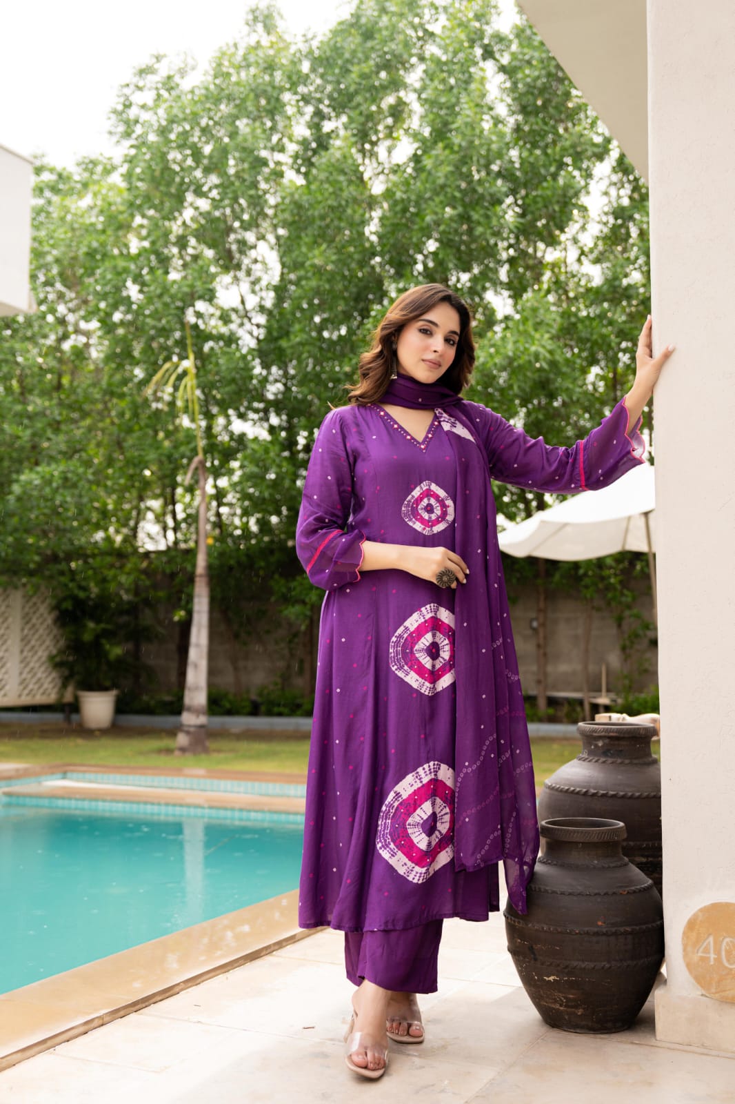 Purple pure silk Designer three piece set (A506)