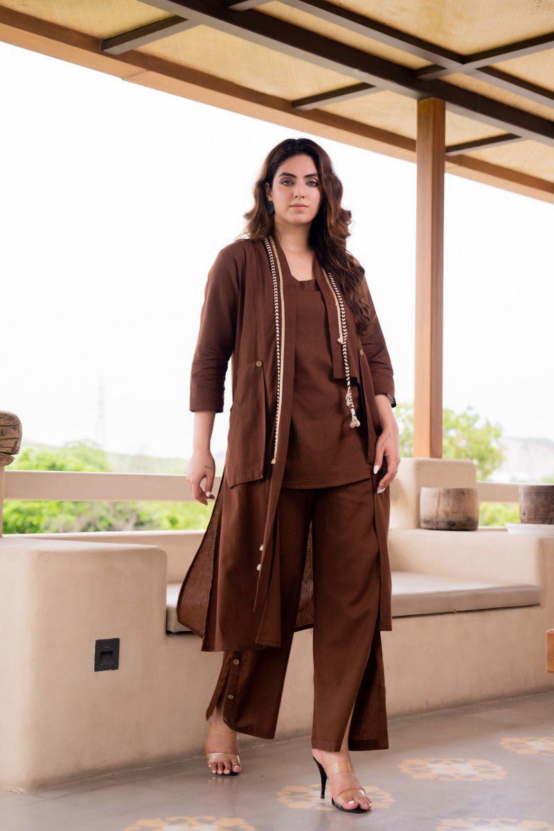 Brown cotton linen smart three piece cordset set (A893)