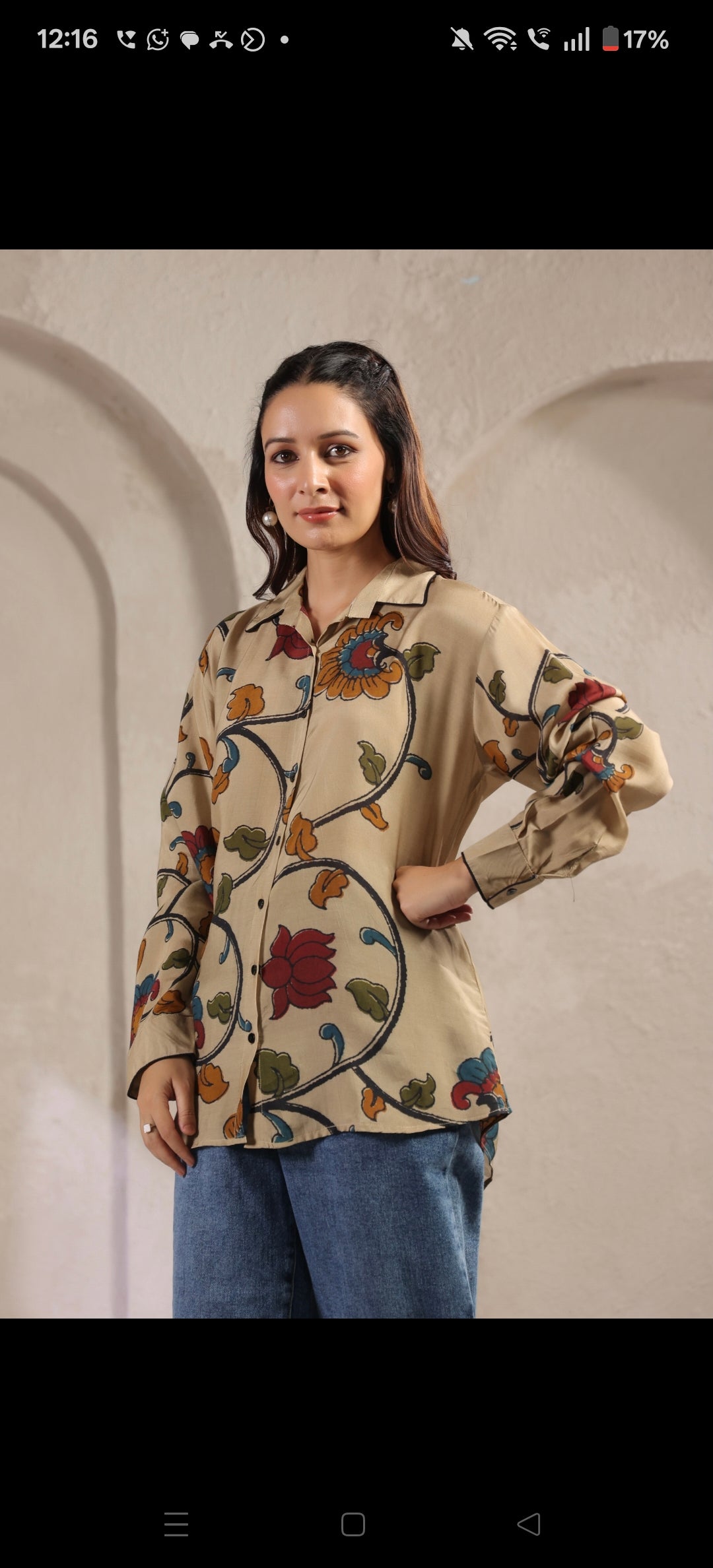 Ivory kalamkari shirt low high pattern (A961)