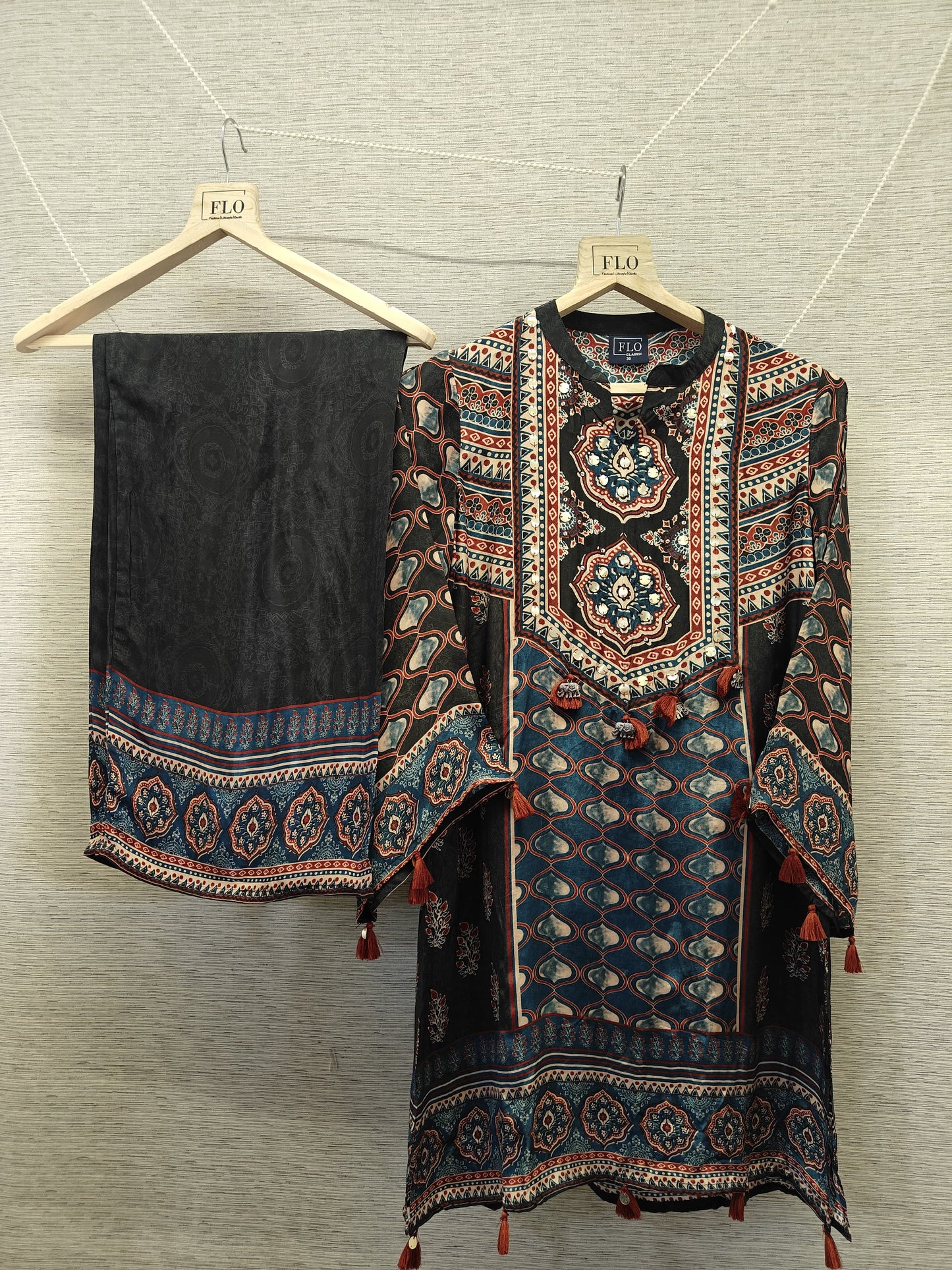 Pure crape Ajrakh print smart two piece cordset (B1000)