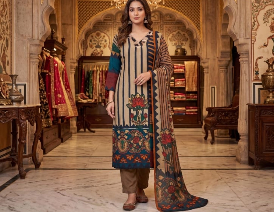 Pure crape digital print smart three piece set (S382)