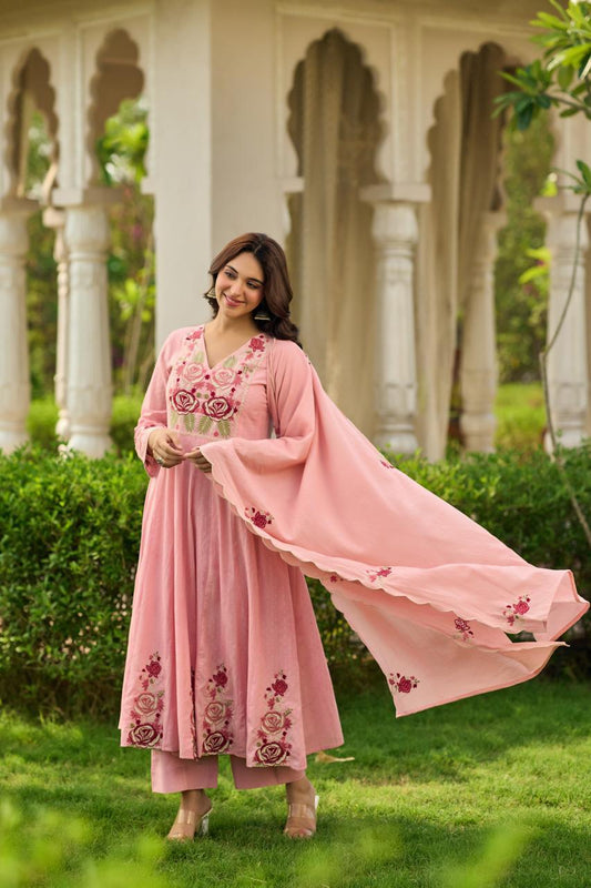 Dobby cotton A line Fully thread work three piece set (B854)