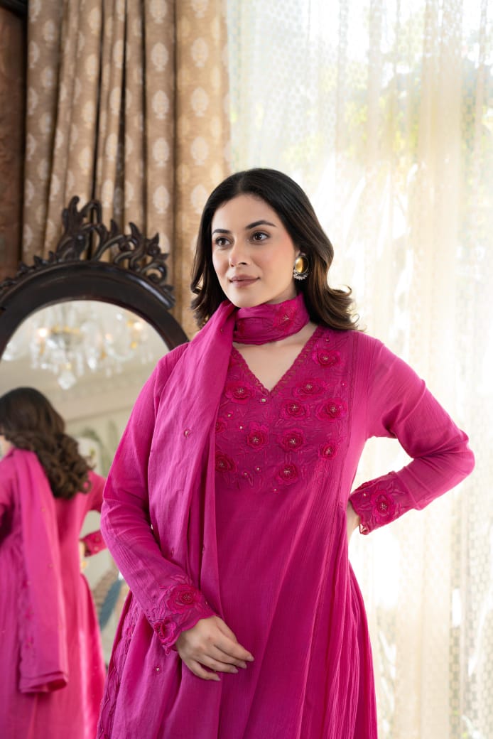 Bright pink crush cotton full thread work three piece set (P2046)