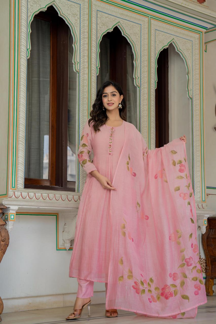 Pink mul chanderi with cotton lining with brush dupatta (P1712)